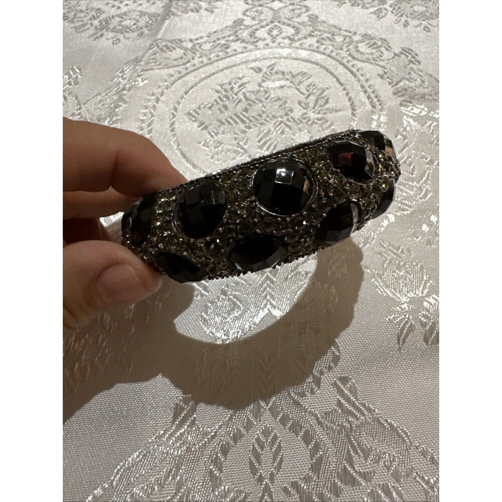 Silver Tone Black Clear Faceted Rhinestones Cuff Bracelet Handcrafted Artisan - Picture 12 of 15